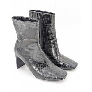 Seven Dials Black Patent Faux Leather Croc Square Toe Mid-Calf Boots Nicole 7